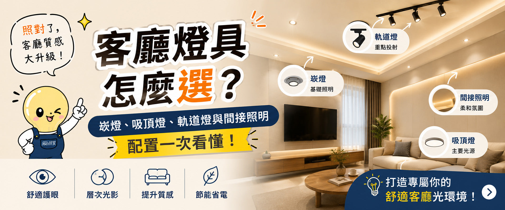 客廳燈具怎麼選？崁燈、吸頂燈、軌道燈與間接照明配置一次看懂