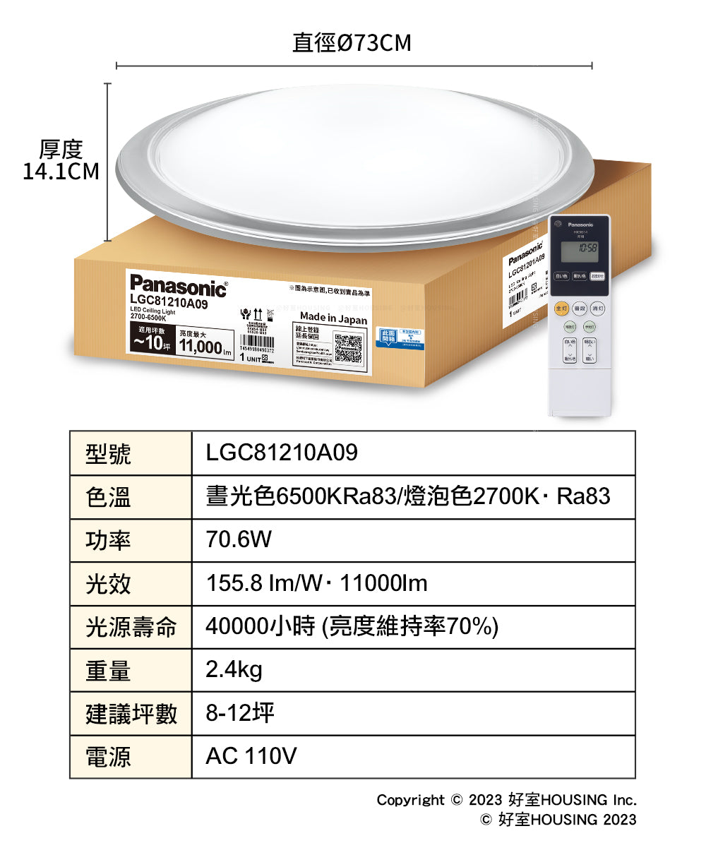 Panasonic國際牌 70.6W 8-10坪 LED遙控吸頂燈 大氣大光量 LGC81210A09