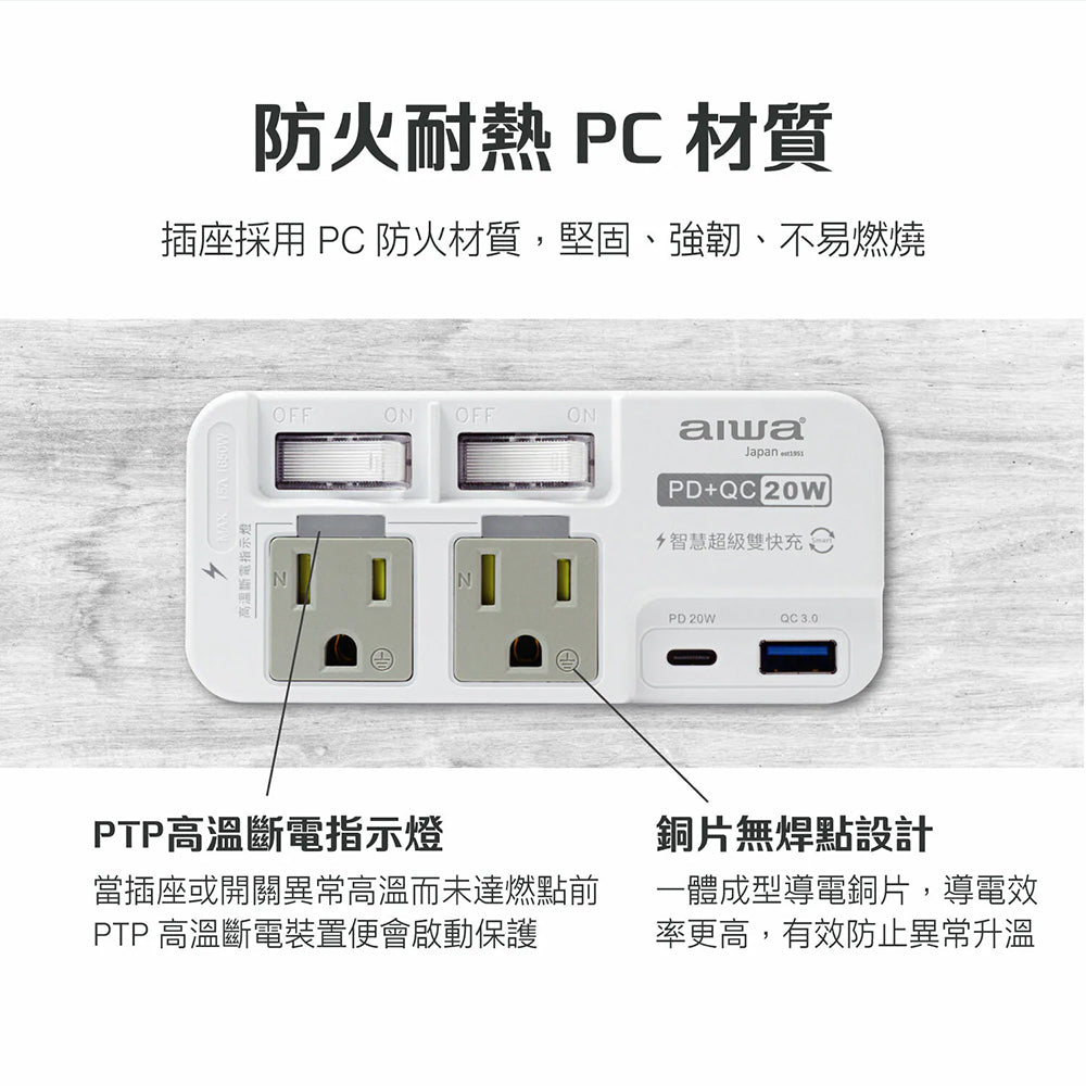 AIWA愛華 ACE-350U 2開2插PD+QC 20W快充插座 高溫斷電 防雷突波