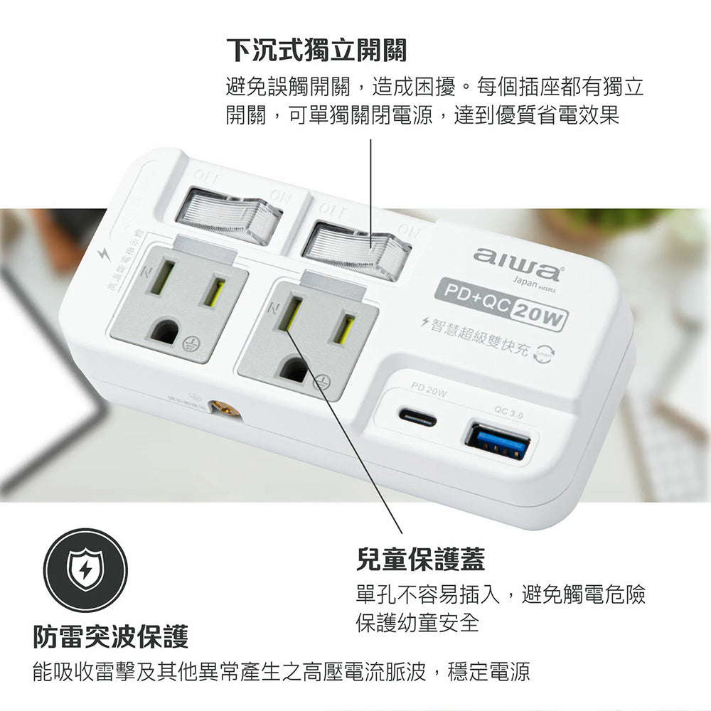 AIWA愛華 ACE-350U 2開2插PD+QC 20W快充插座 高溫斷電 防雷突波