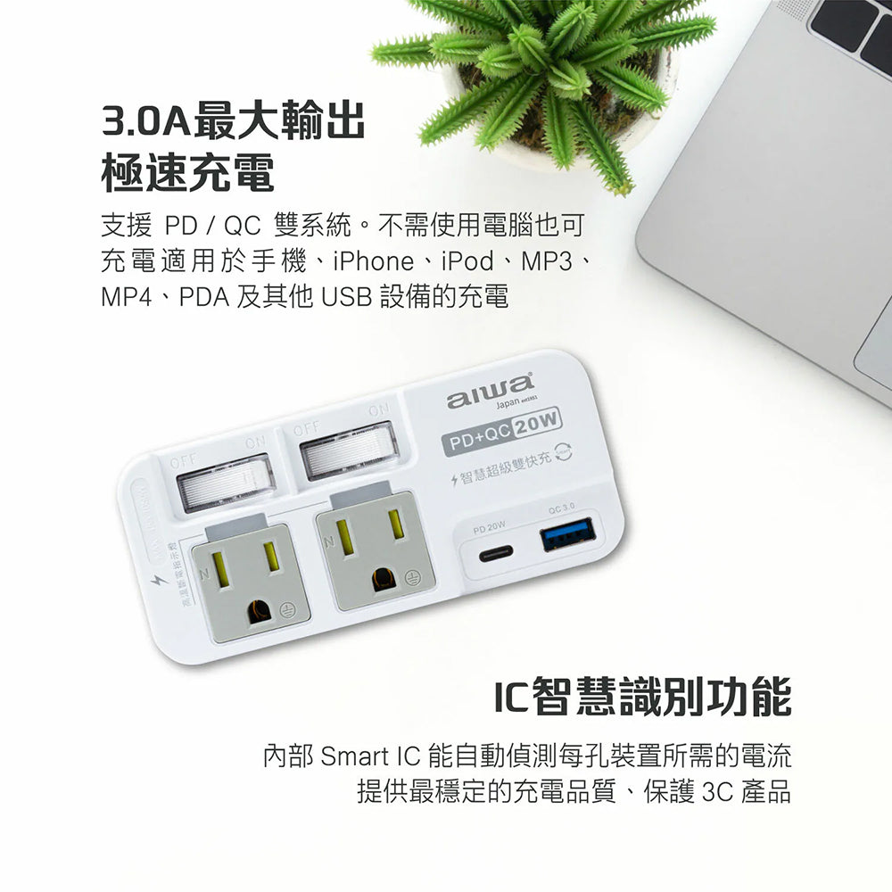 AIWA愛華 ACE-350U 2開2插PD+QC 20W快充插座 高溫斷電 防雷突波