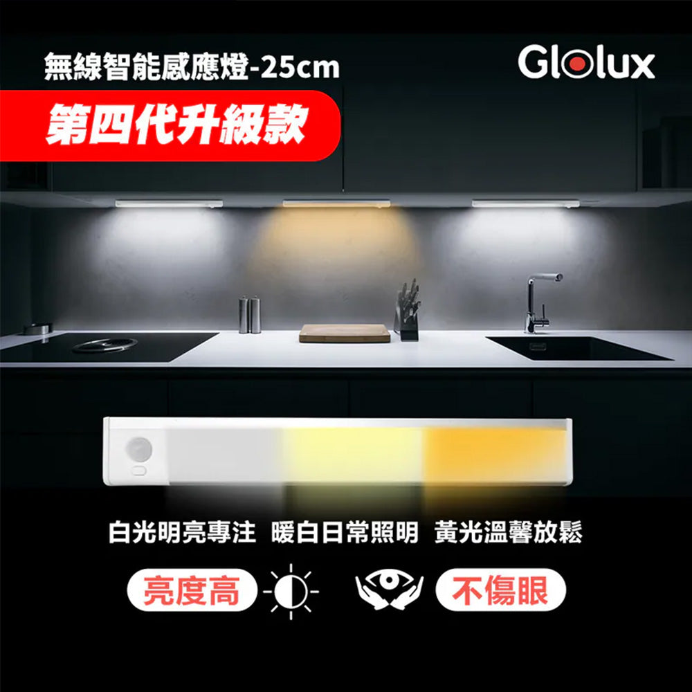 Glolux 三色升級款 25cm L型磁吸感應燈 三色調光 Type-C充電 1048CL-25-WY