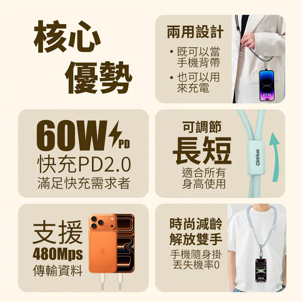 Glolux 60W USB-C手機掛繩快充線 1.5M 可調掛脖斜背 CC-PD60W-L15