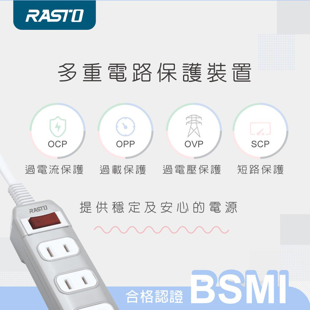 RASTO FE1 一開四插二孔延長線1.8M-白｜1650W過載保護 4N無氧銅線 台灣製造