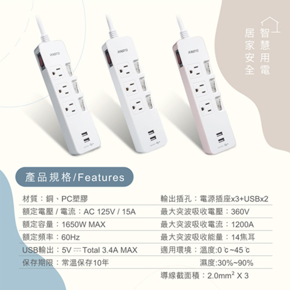RASTO FE8 四開三插三孔雙USB延長線1.8M｜3.4A智慧分流 過載保護 易拉拔插頭 台灣製造